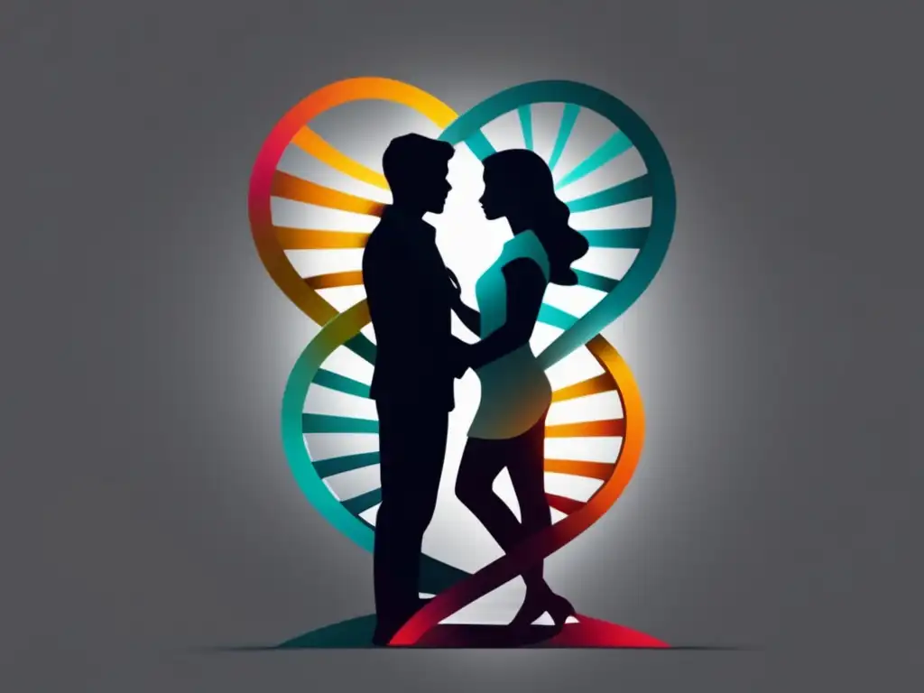 Genética de la atracción física: DNA y pareja en abrazo, colores vibrantes y silueta en grises representan ciencia y romance