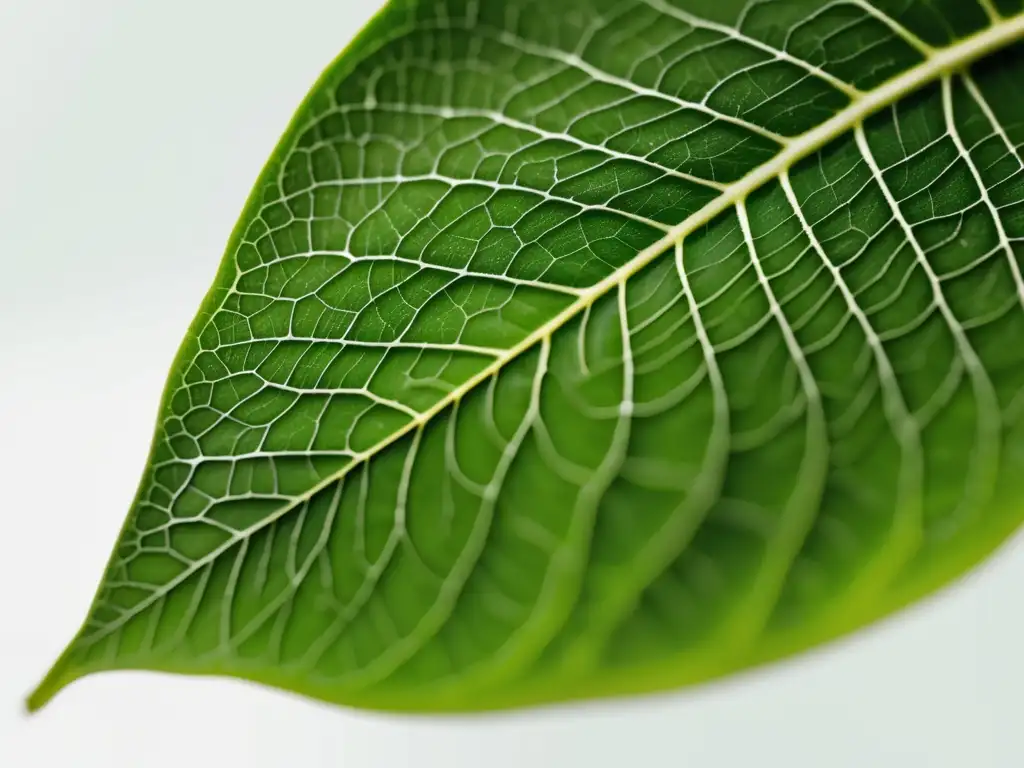 Hoja verde con venas en patrones intrincados, simbolizando la Química Verde y sus beneficios para la salud