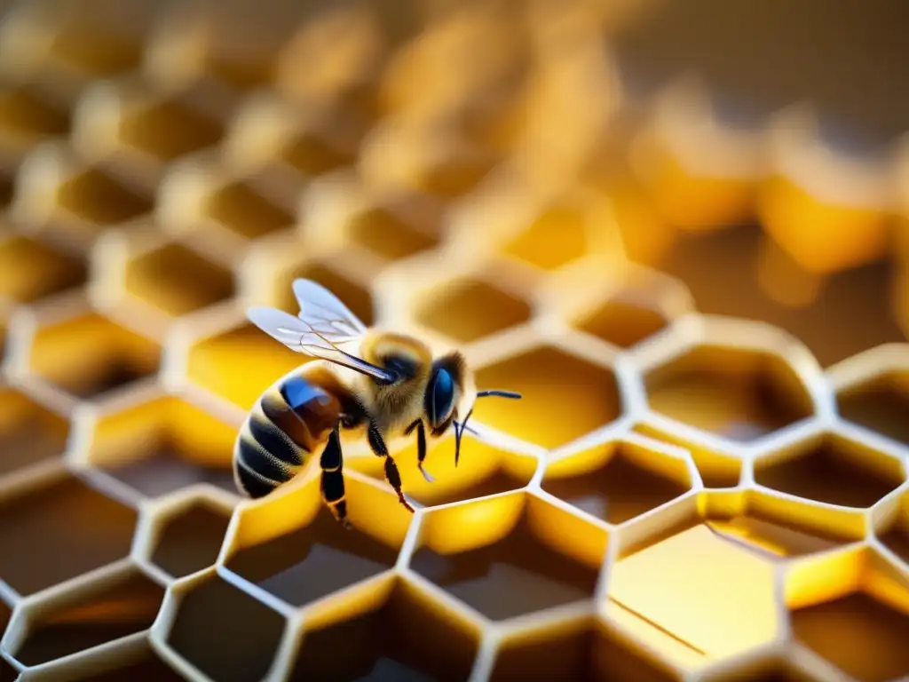 Importancia de abejas en conservación especies - Honeycomb con abejas en vuelo y detalles precisos