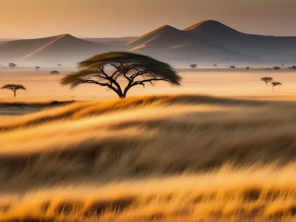 Sabana africana: Imagen 8K detallada de la vasta extensión dorada, árboles acacia y leona majestuosa