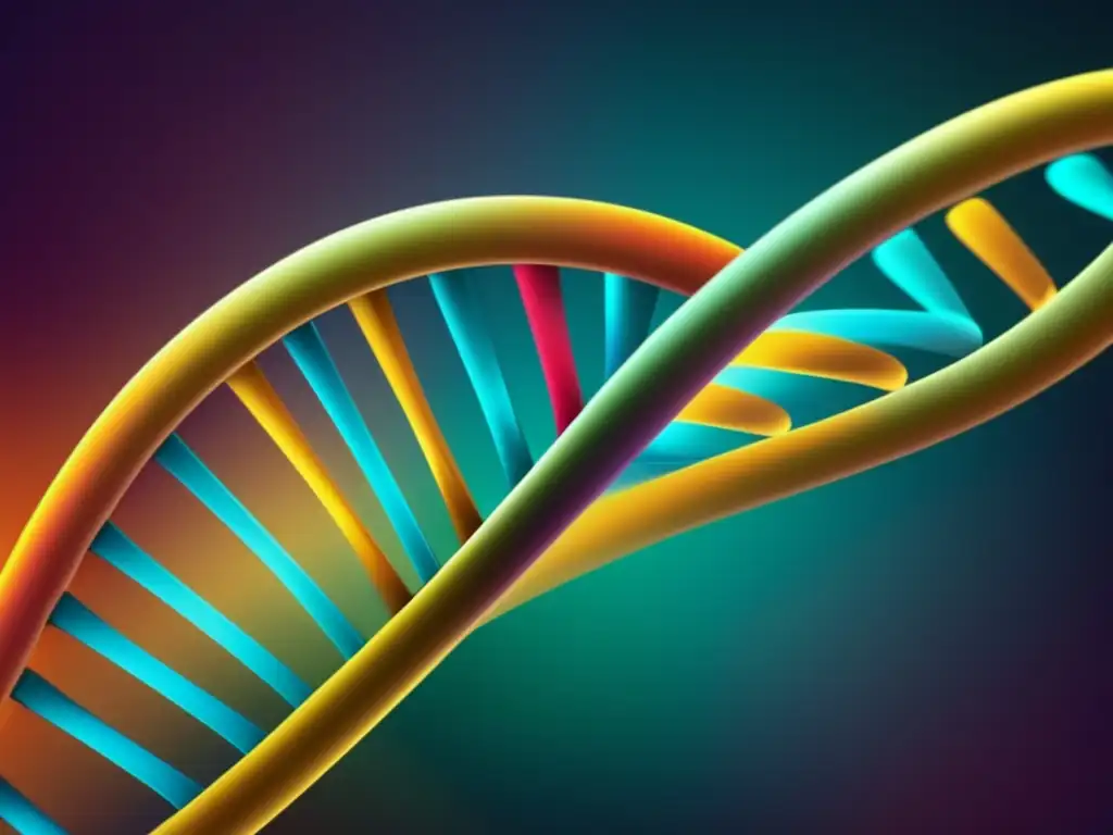 Estructura de ADN en colores vibrantes, que muestra la complejidad y sofisticación de la ingeniería genética y biotecnología