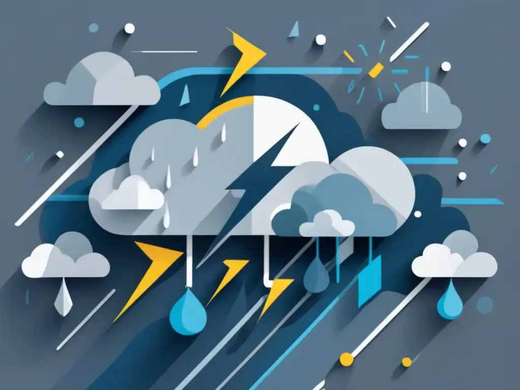 Importancia meteorología aviación: Minimalista imagen abstracta de elementos meteorológicos (nubes, gotas de lluvia, rayos) en tonos grises y azules