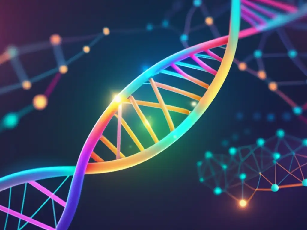 Farmacogenómica y resistencia a antibióticos en imagen abstracta 8k: ADN, geometría, redes y colores vibrantes