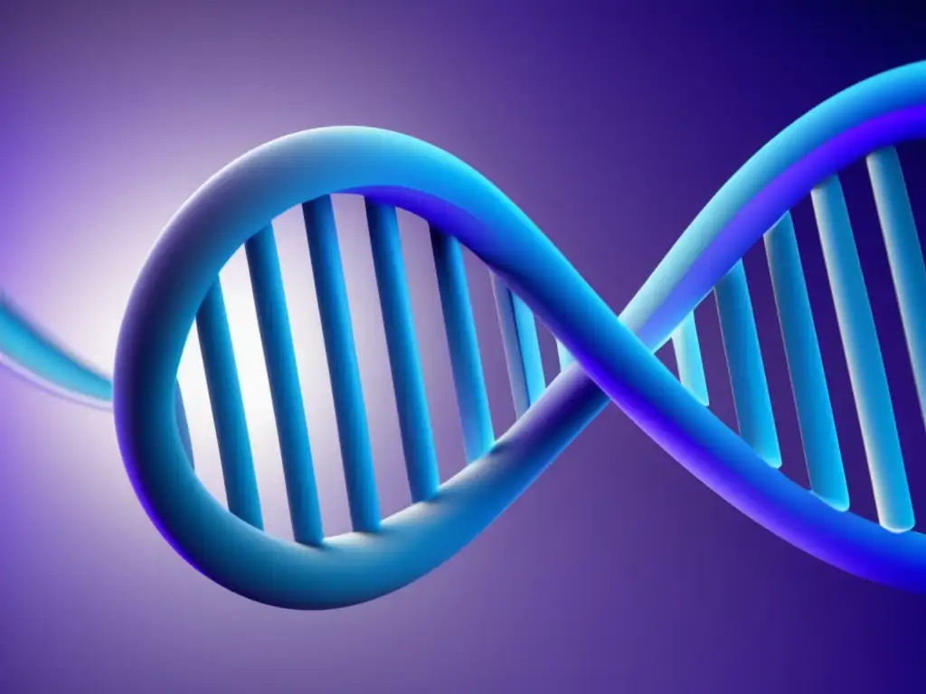 DNA: Estructura tridimensional en tonos azules y violetas, descifrando genoma humano en educación científica