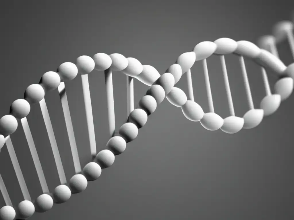 Imagen de una elegante estructura de ADN en tonos grises y blancos, resaltando la ingeniería genética en producción alimentaria