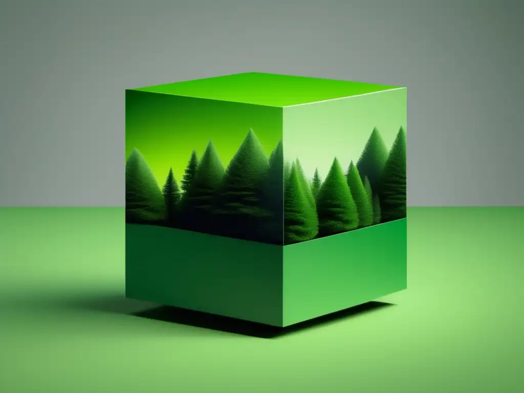 Geomatemática en conservación medioambiental: Cubo verde en bosque abstracto (8k)