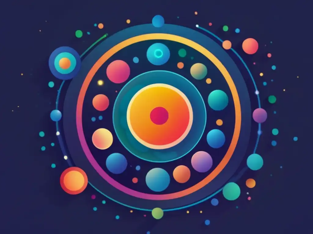 Ilustración abstracta de una célula con colores vibrantes y formas geométricas, destacando las funciones de los orgánulos celulares