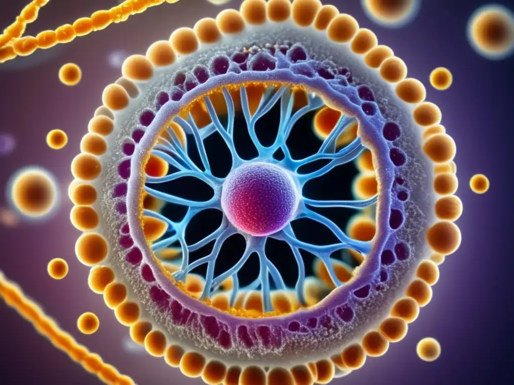 Célula humana detallada Innovaciones en Biomedicina: célula humana detallada bajo microscopio, membrana, proteínas, núcleo, ADN, colores abstractos