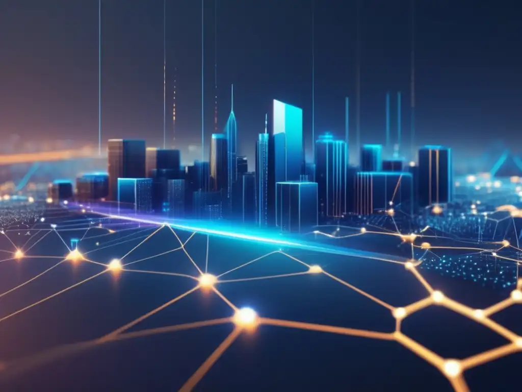 Futurista red de líneas y nodos que representan la computación cuántica Importancia superposición computación cuántica - Imagen 8k ultradetallada de quantum computing, líneas y nodos luminosos entrelazados en una ciudad futurista