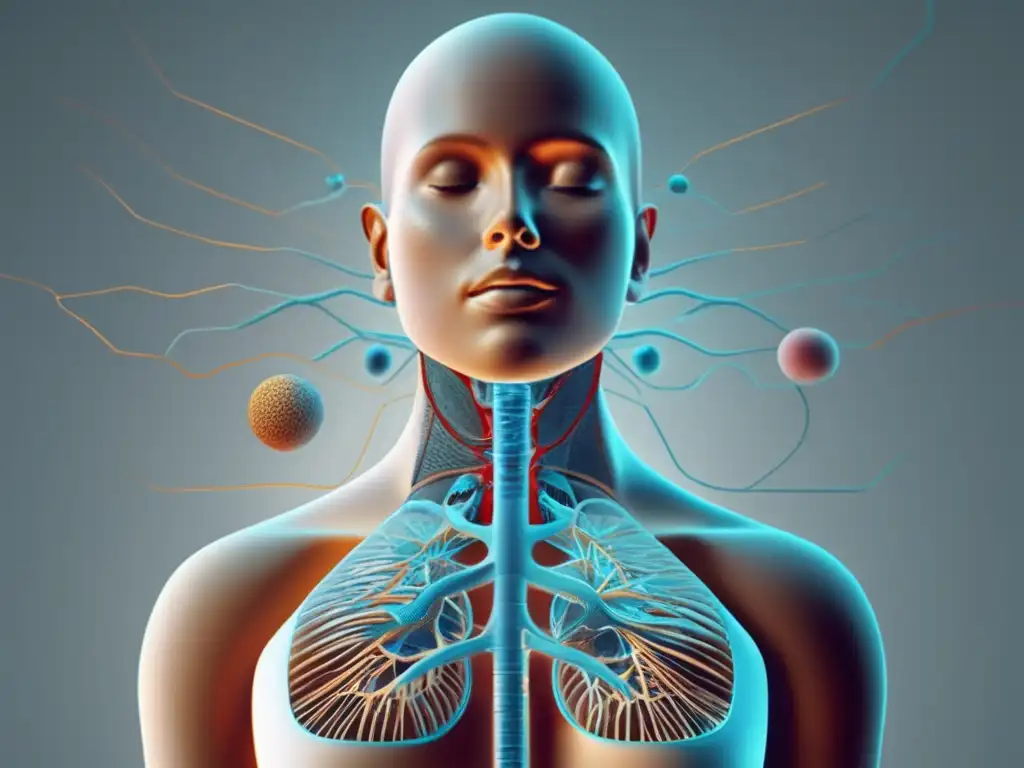 Visualización científica en medicina: Detallada imagen 8k del cuerpo humano en tonos monocromáticos y líneas interconectadas