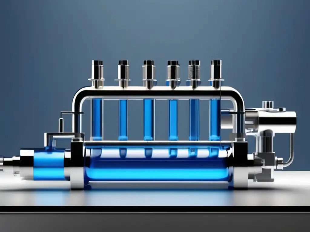 La aplicación de Pascal en hidráulica: sistema hidráulico moderno con cilindro transparente, fluido azul y pistón equilibrado