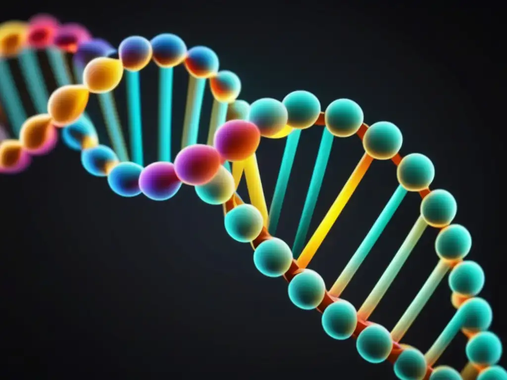 Estructura de ADN en 8k con colores vibrantes, representando nucleótidos