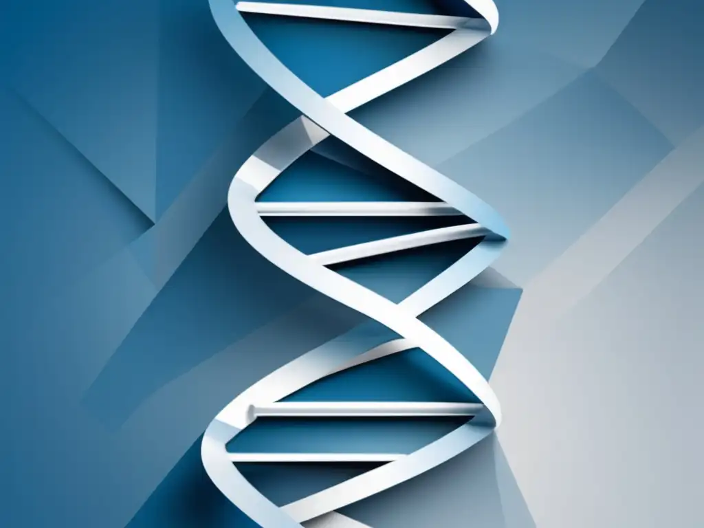 Descubrimientos revolucionarios de Mendel en genética: imagen abstracta minimalista de una doble hélice de ADN compuesta por formas geométricas y líneas en tonos de azul y blanco