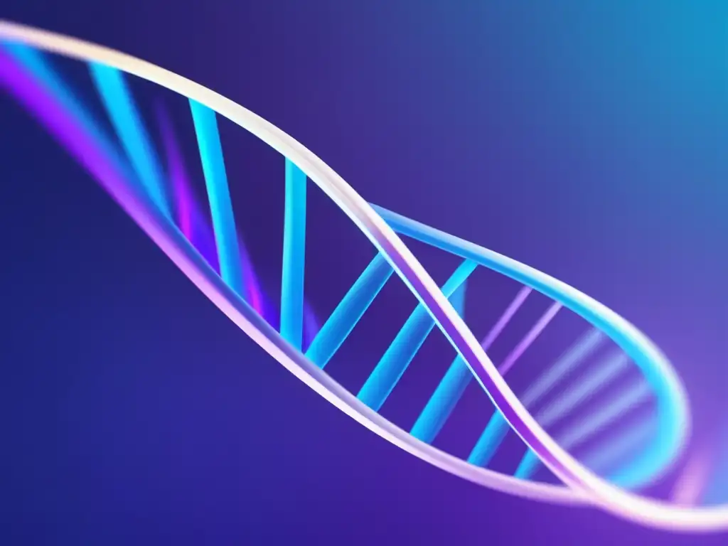 Implicaciones éticas pruebas ADN consumidor: Helice doble ADN abstracta en tonos azules y morados, rodeada por brillo suave