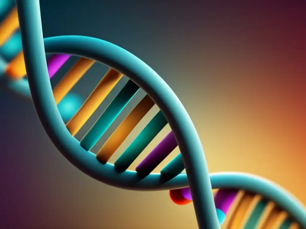 Imagen ultradetallada de una doble hélice de ADN, resaltando la estructura y colores vibrantes