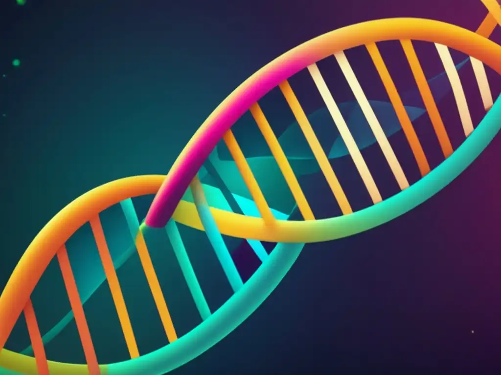 Estructura de ADN en colores vibrantes, rodeada de formas geométricas que simbolizan la complejidad de la información genética