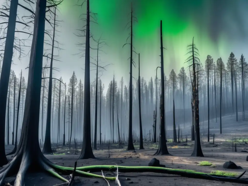 Impacto de incendios forestales: árboles carbonizados, paisaje desolado, resiliencia de la naturaleza, cielo vibrante