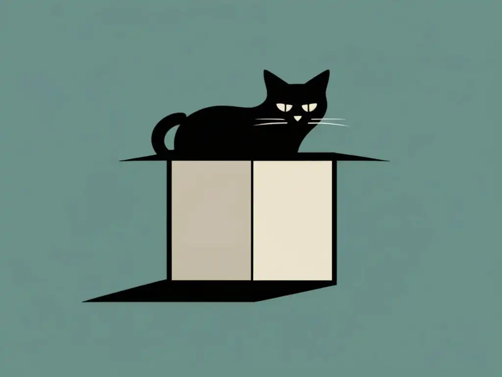 Ecuación de Schrödinger: experimento del gato en caja: minimalismo y misterio con colores vibrantes