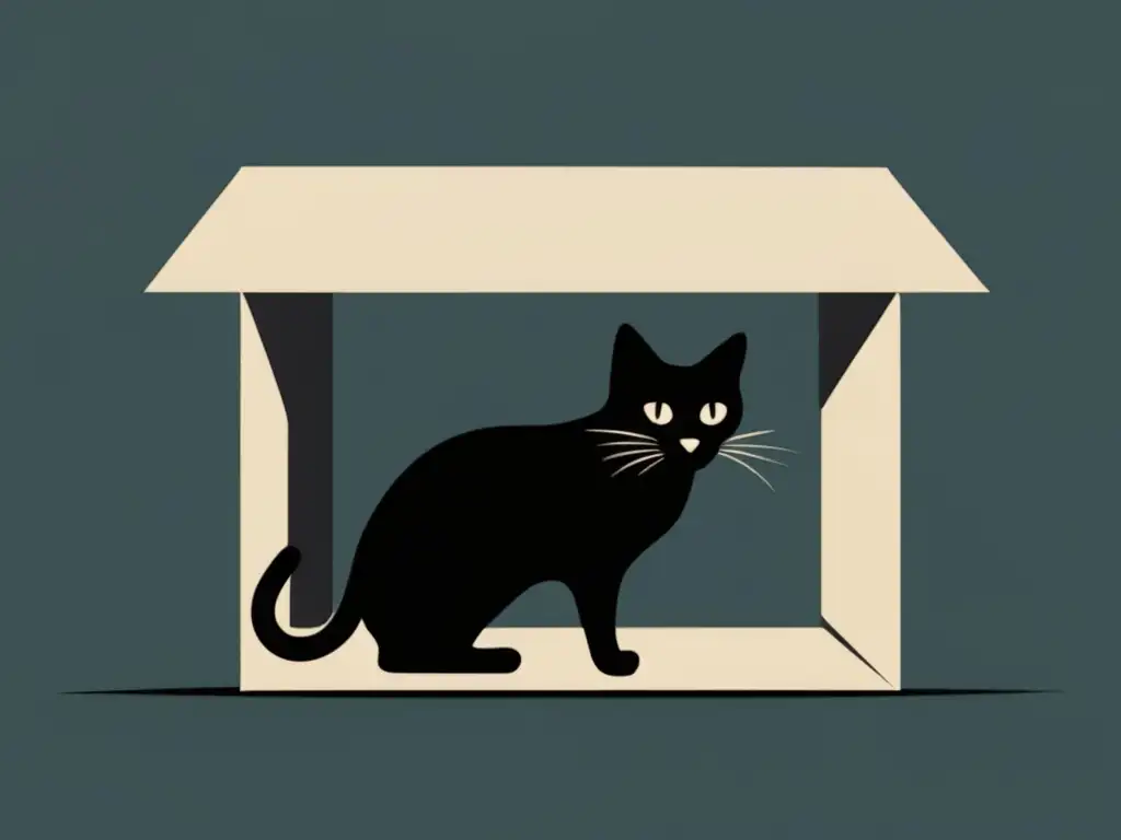 Ilustración minimalista de la Paradoja de Schrödinger: sentido común desafiado