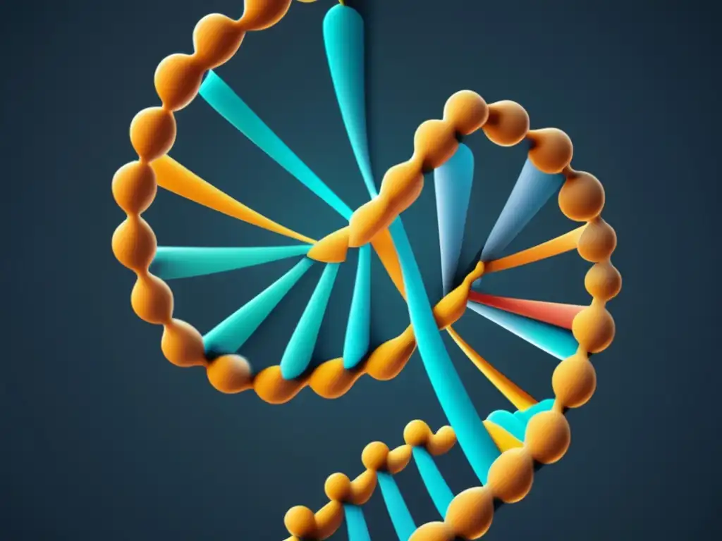 Implicaciones de la ingeniería genética en humanos Implicaciones éticas ingeniería genética humanos: Imagen abstracta de ADN 8k, muestra estructura espiral de doble hélice y colores minimalistas