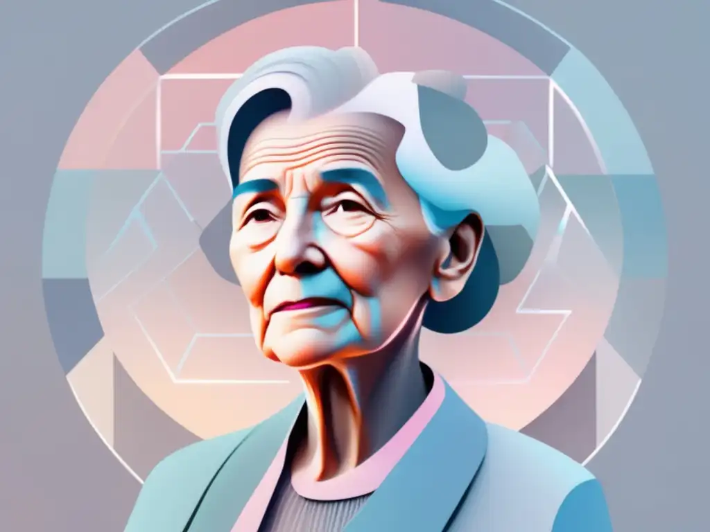 Importancia biomedicina en geriatría: imagen detallada de la representación abstracta del envejecimiento, con figura minimalista de una persona mayor rodeada de formas geométricas que simbolizan enfermedades geriátricas