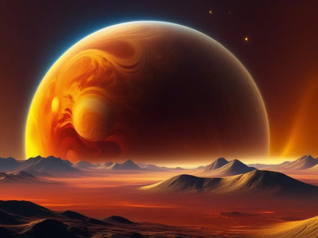 Descubrimientos sobre Venus: imagen detallada y abstracta muestra atmosfera con nubes amarillas, naranjas y rojas, superficie rocosa y cráteres