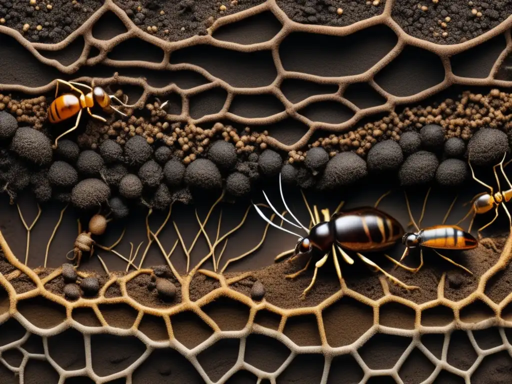 Importancia de los insectos del suelo en el ecosistema: imagen detallada de mundo subterráneo con insectos coloridos y redes de raíces