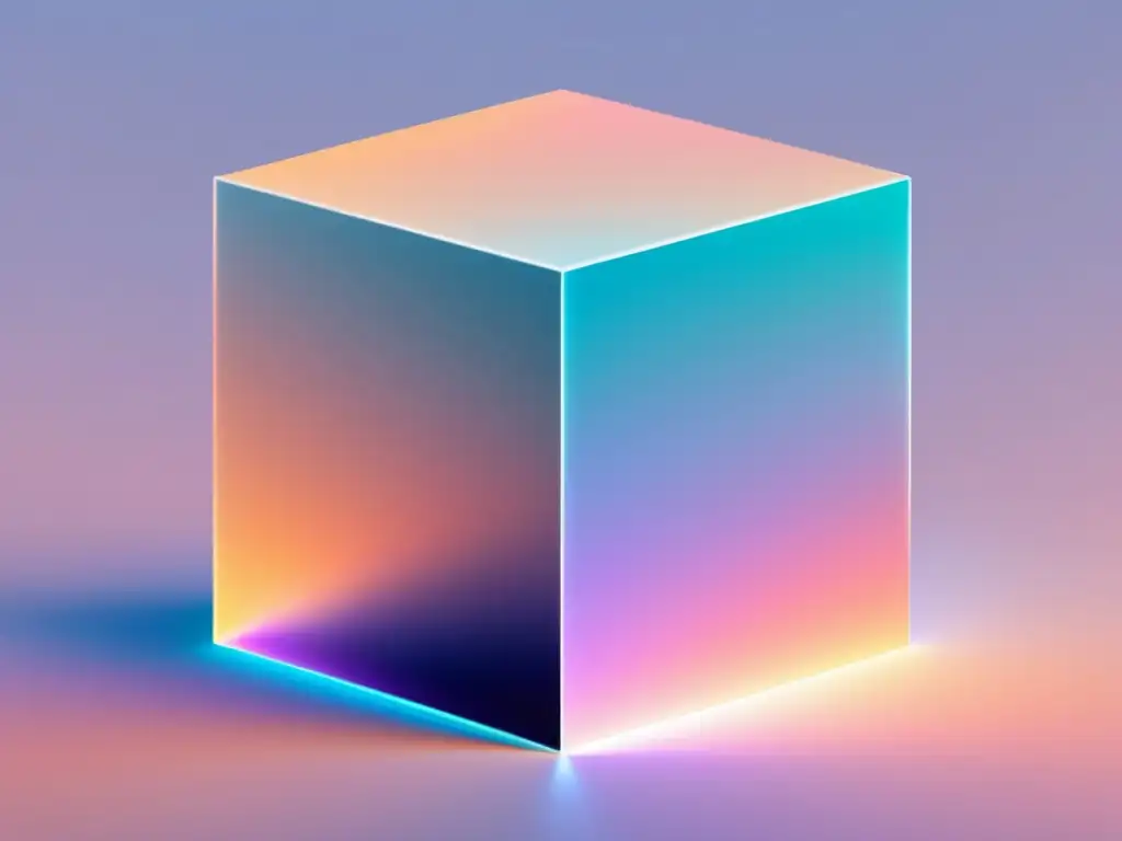 Imagen abstracta minimalista con gradientes de colores pastel y un cubo traslúcido que simboliza la gravitación cuántica