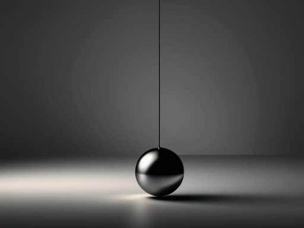 Pendulo minimalista suspendido con hilo invisible, fondo sólido, colores neutros y reflejos