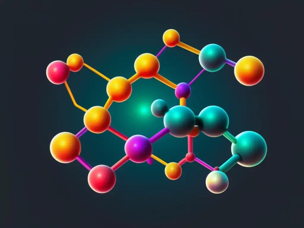 Pasos diseño fármacos: Estructura abstracta de una molécula con colores vibrantes, resaltando elementos y enlaces químicos