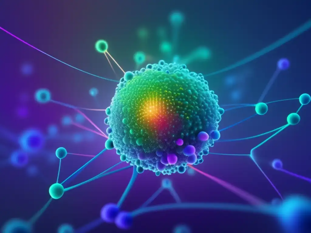 Nanotecnología en tratamiento de enfermedades Nanotecnología en tratamiento enfermedades infecciosas: Representación abstracta y vibrante de una red nanométrica pulsante, con colores gradientes