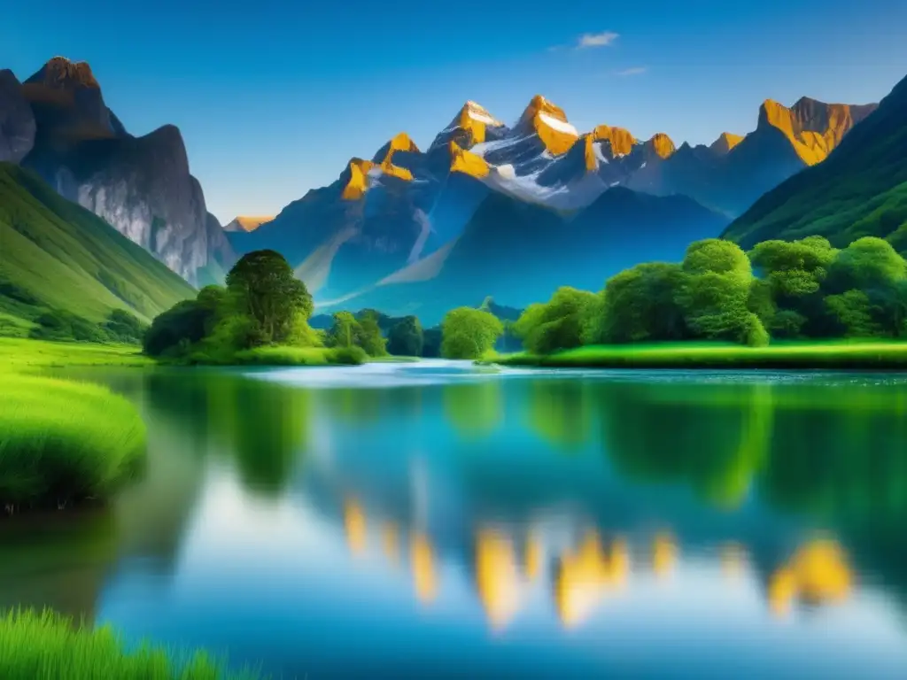 Paisaje prístino, río cristalino, montañas nevadas