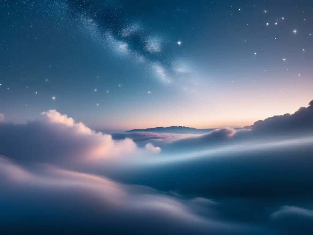 Escena etérea y onírica: cielo nocturno sereno y estrellado, con nubes suaves