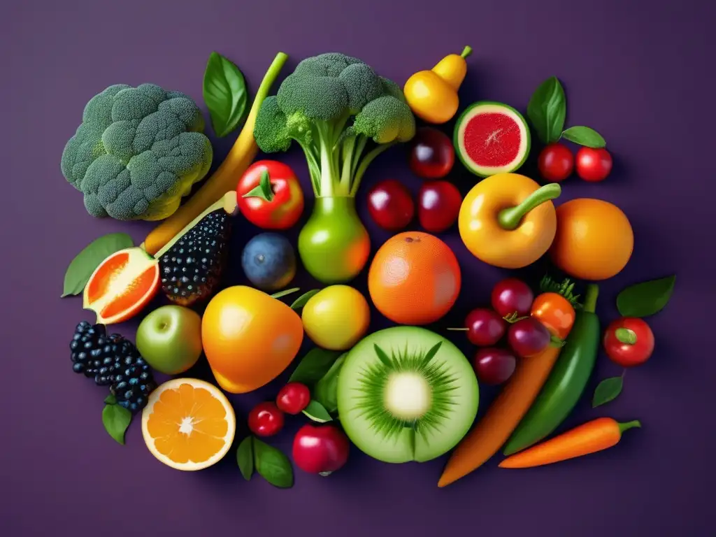 Relación alimentación e inmunidad: imagen 8k de frutas y verduras antioxidantes vibrantes con elementos del sistema inmunitario