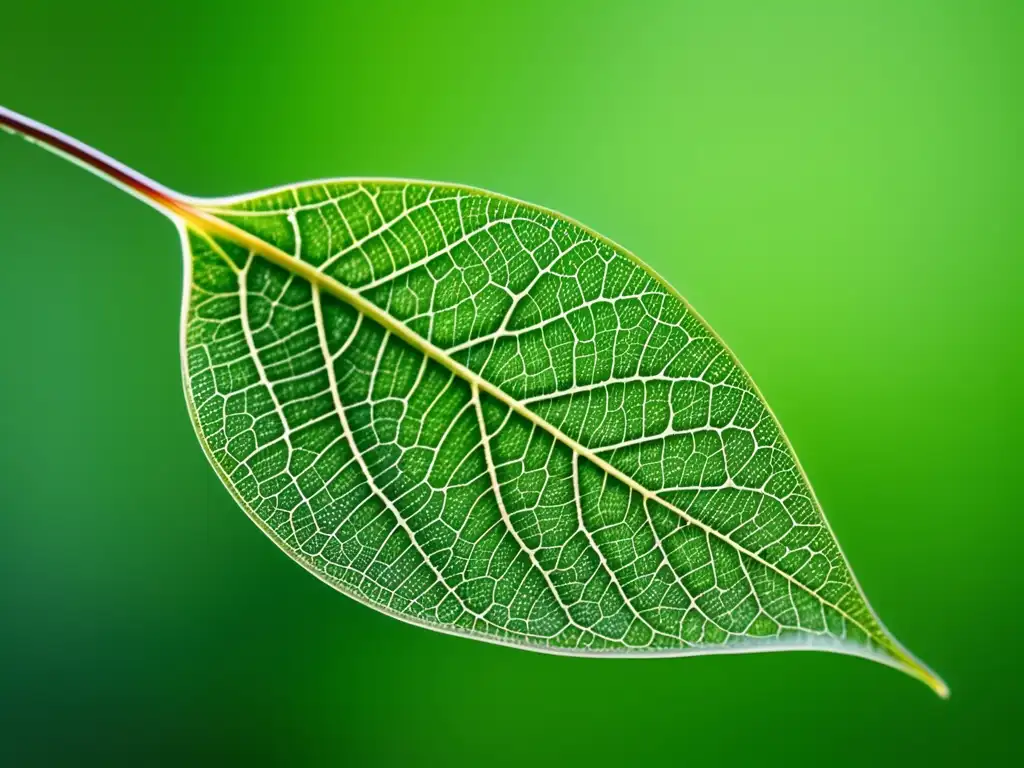 Hoja verde con venas intrincadas y luz suave, simboliza la química verde en alimentos orgánicos