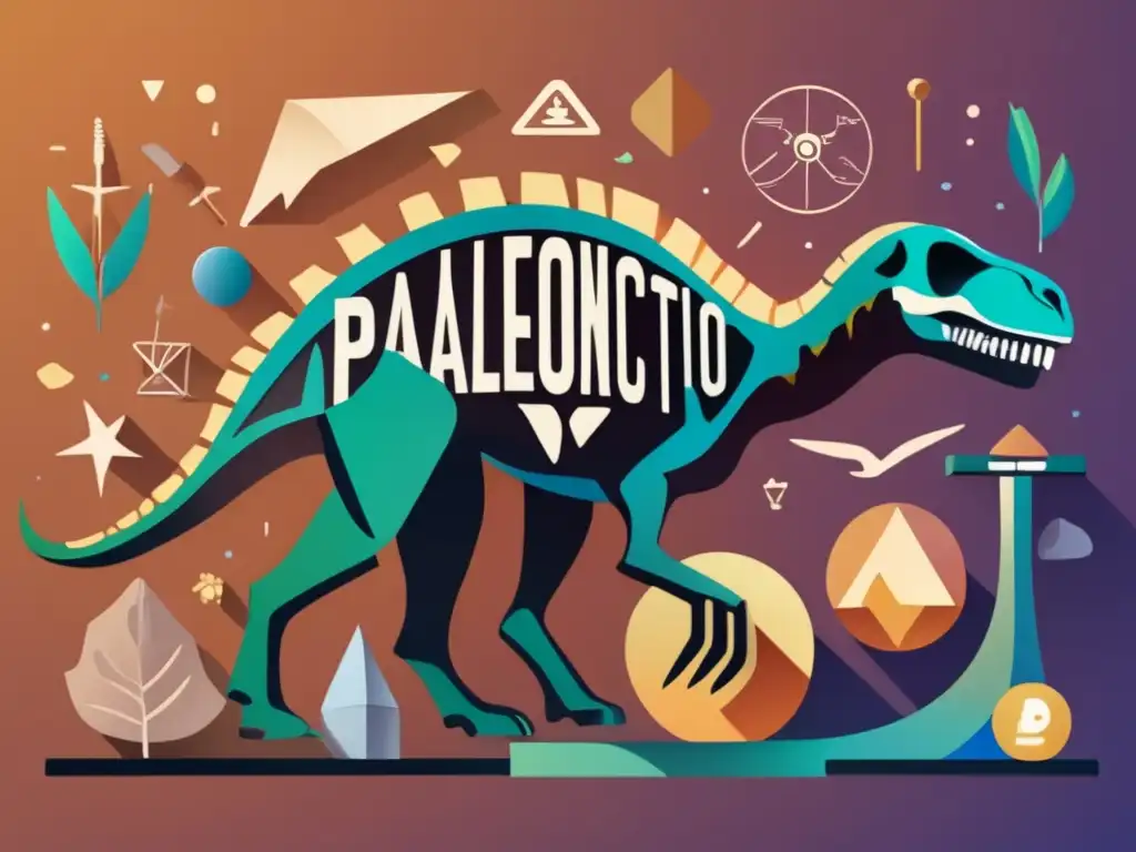 Importancia de la paleontología en la educación científica: imagen abstracta con esqueleto fósil y símbolos multidisciplinarios