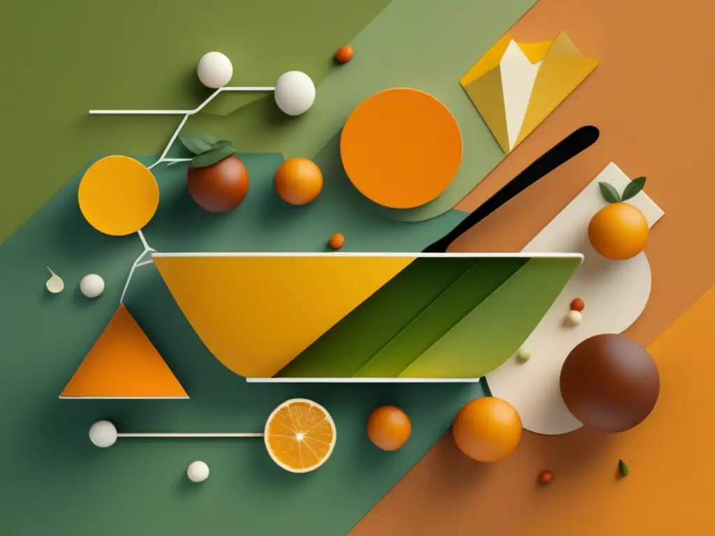 Importancia de la química orgánica en la cocina: imagen 8k detallada con composición abstracta, formas y líneas intersectadas en tonos cálidos