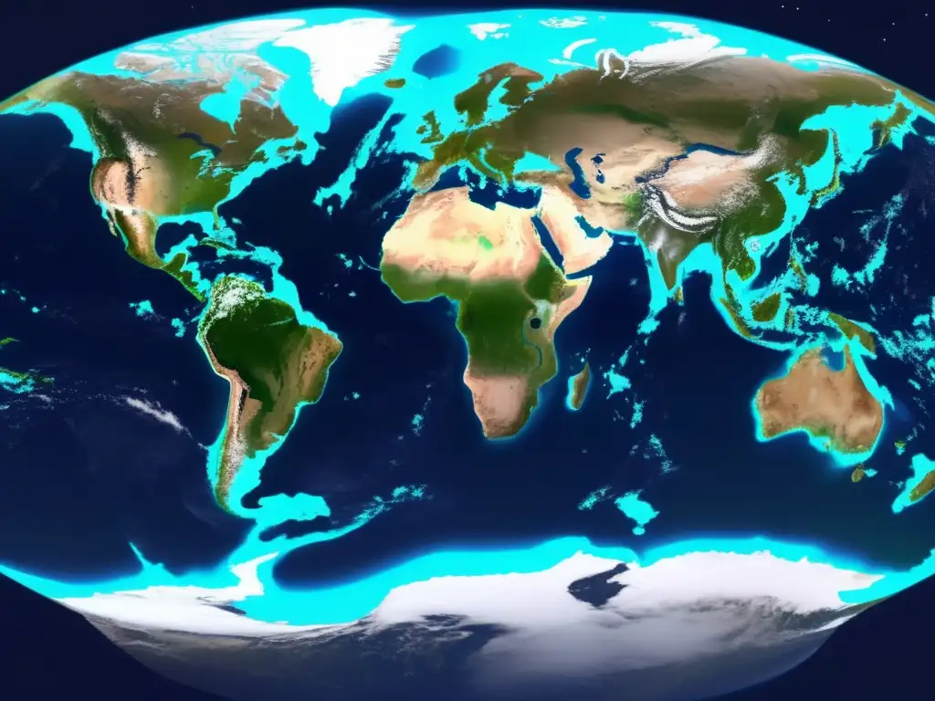 Importancia satélites cambio climático: Nuestro planeta desde el espacio, con colores vibrantes y satélites representando tecnología avanzada