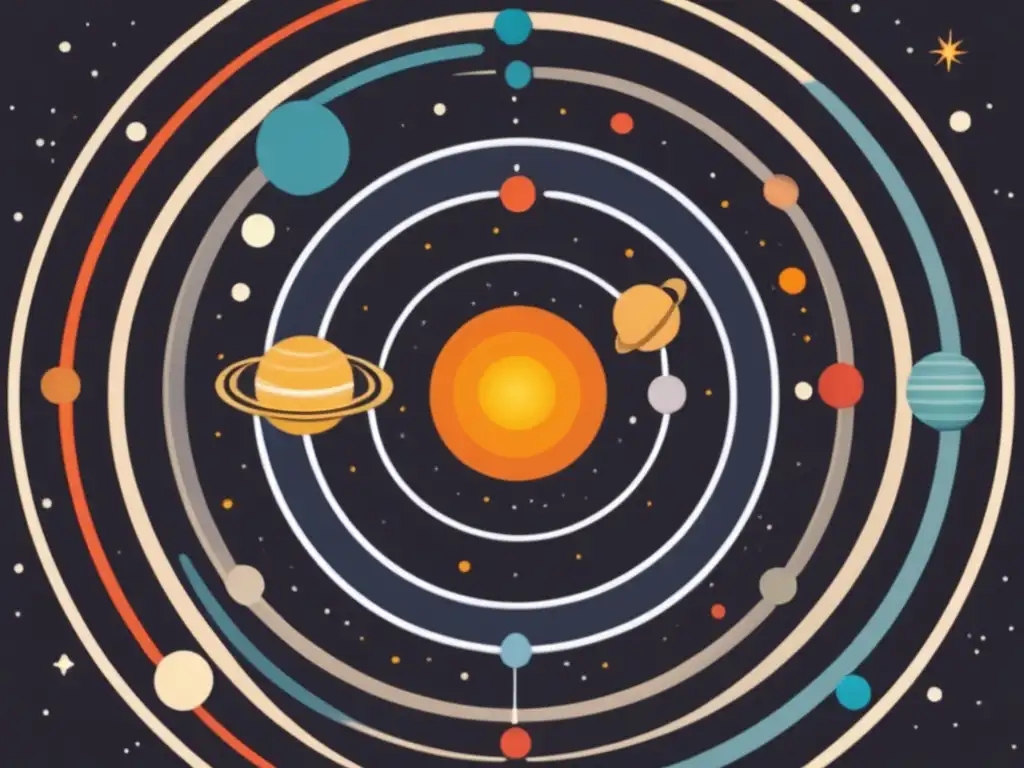 Sistema solar minimalista con planetas representados como formas geométricas, basado en el descubrimiento del heliocentrismo