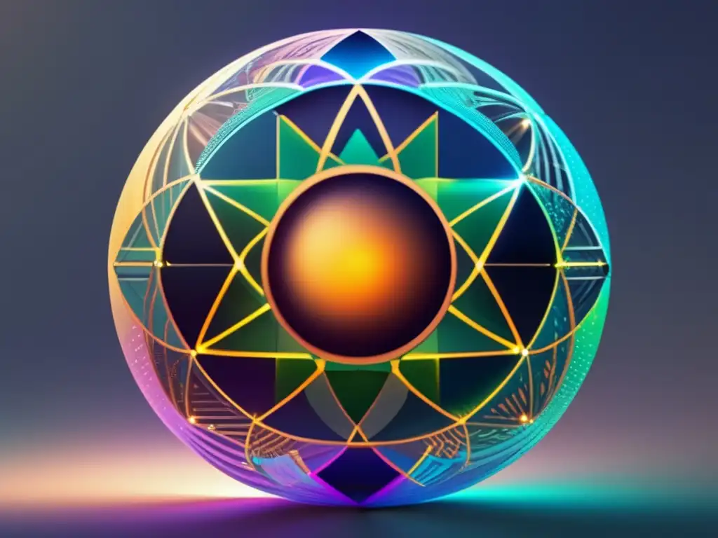 Energía sostenible con materiales avanzados: esfera vibrante de patrones geométricos, simbolizando la interconexión y complejidad