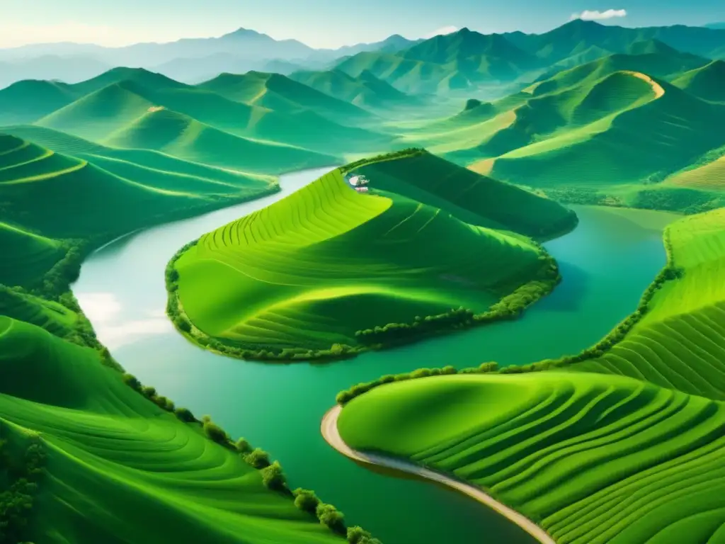 Importancia ciencia civilización China: paisaje sereno con montañas, río y vegetación exuberante