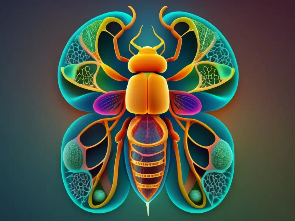 Anatomía y movimiento de insectos: imagen abstracta y minimalista mostrando sistemas digestivo, respiratorio y circulatorio