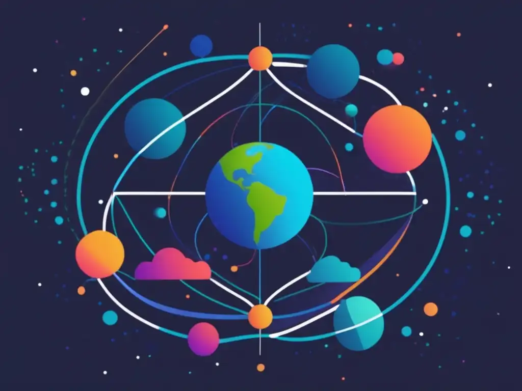 Representación abstracta de sistemas interconectados en la Tierra, resaltando la interdependencia entre geomatemática y cambio climático