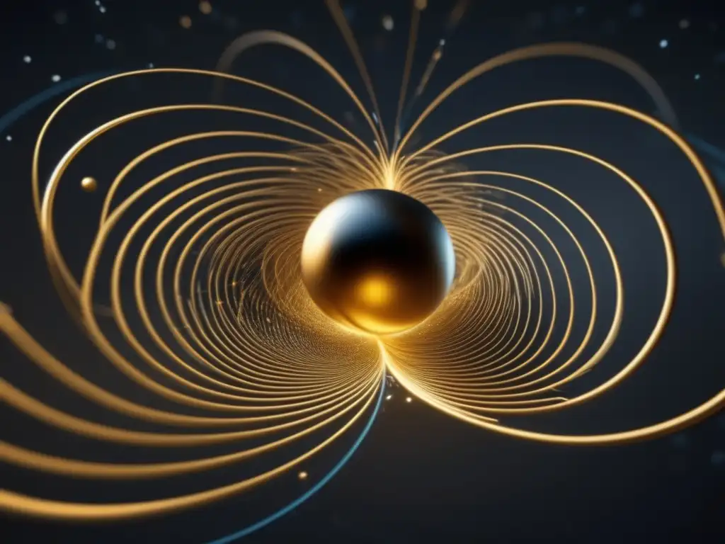 Teoría de Gravitación en física: Interacción entre gravedad y electromagnetismo en una imagen 8k de líneas doradas en un fondo negro