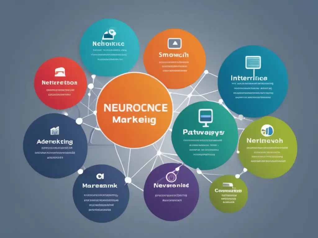 Neuroética en el marketing: debate ético, imagen abstracta de intersección entre neurociencia y marketing, redes y colores vibrantes