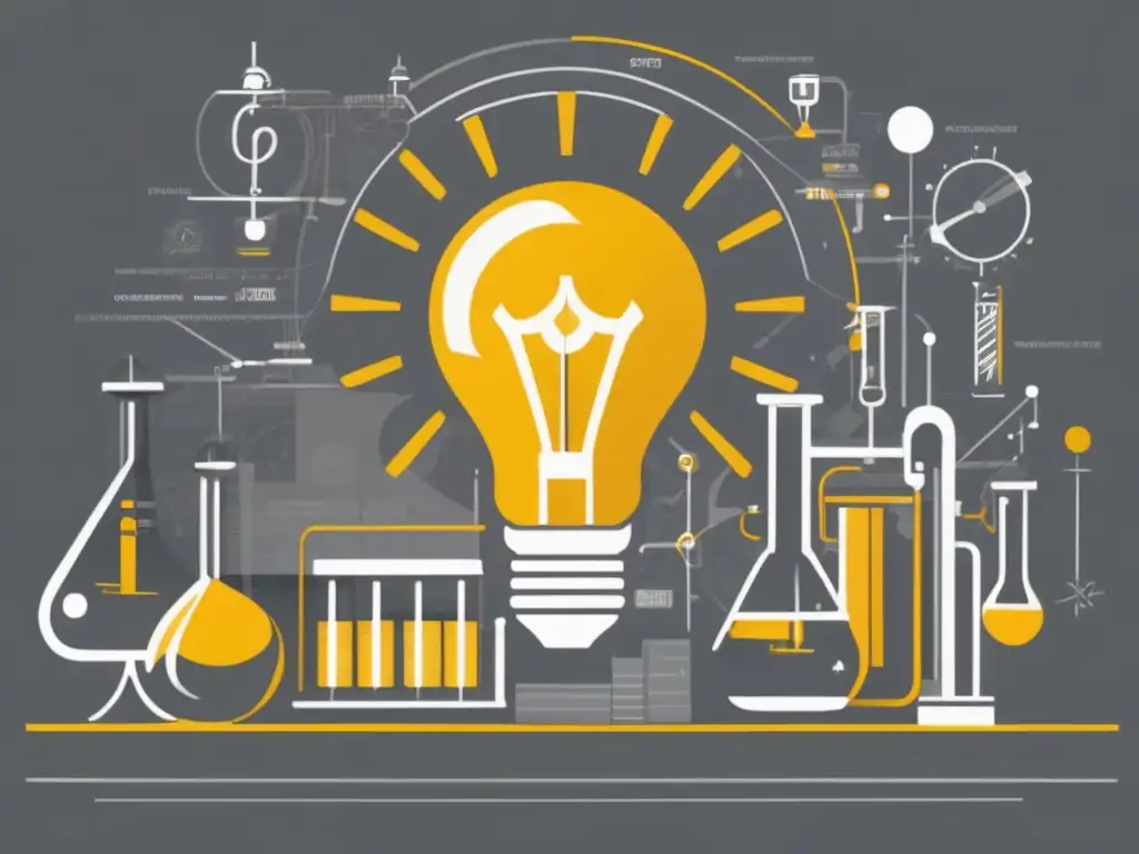 Descubrimientos científicos de Thomas Edison en su laboratorio, con luz amarilla cálida y símbolos abstractos