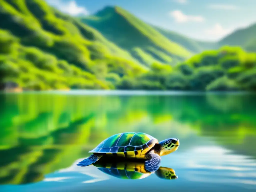 Lago cristalino rodeado de montañas verdes con tortuga marina en primer plano - Importancia conservación especies y agua potable