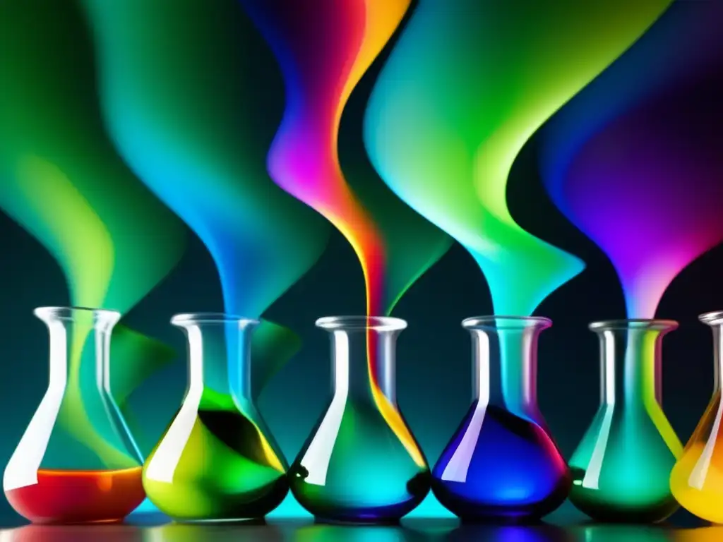 Colorantes orgánicos en experimento científico, líquidos coloridos en beakers