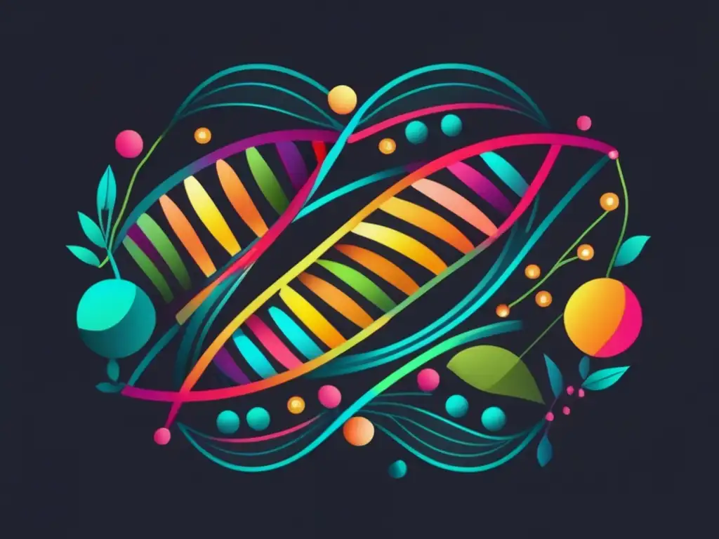 Ingeniería genética en producción alimentaria: imagen abstracta simbolizando la manipulación genética con colores vibrantes y patrones intrincados