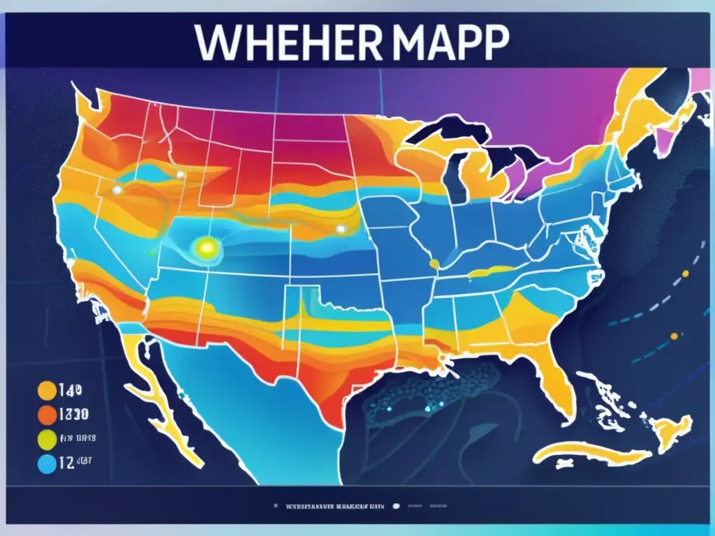 Mapa meteorológico detallado con líneas y patrones que representan temperatura, presión y viento